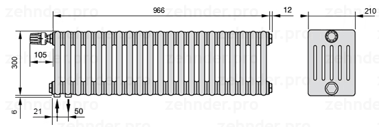 Схема (чертеж) Радиатор Zehnder Charleston 6030/21 №V001 Белый глянцевый RAL 9016